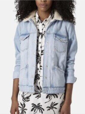 Topshop MOTO Distressed Sherpa Lined Denim Jacket Faded Light Wash Sz 6P